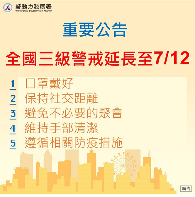 全國第三級警戒延長至7/12